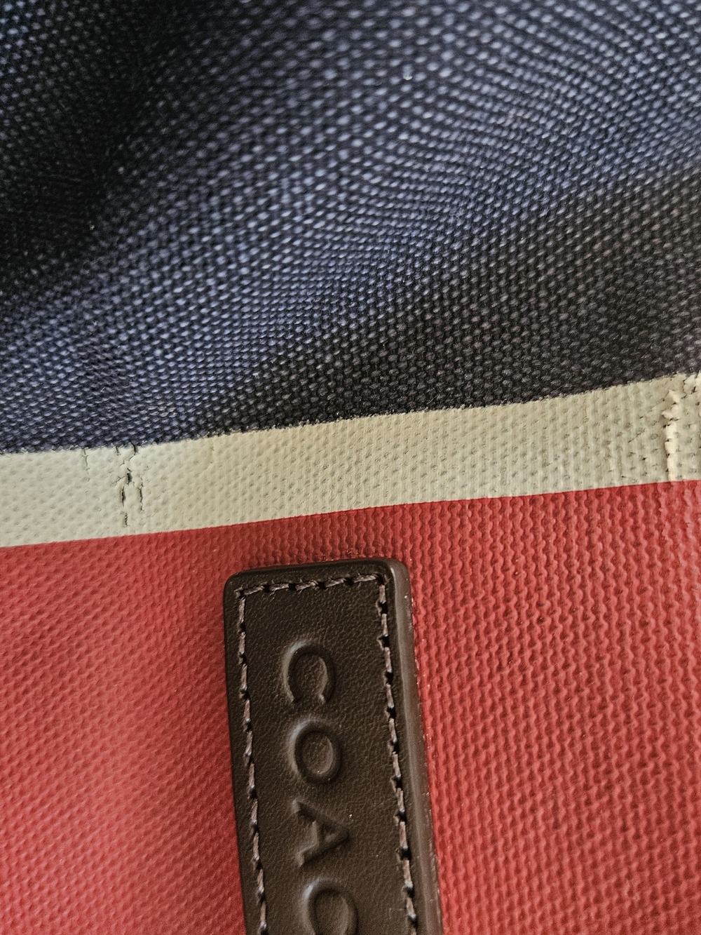 Coach Two-Tone Canvas Duffel Bag in Rust Red, Navy & Cream w/ Tolitery Bag - Picture 9 of 11